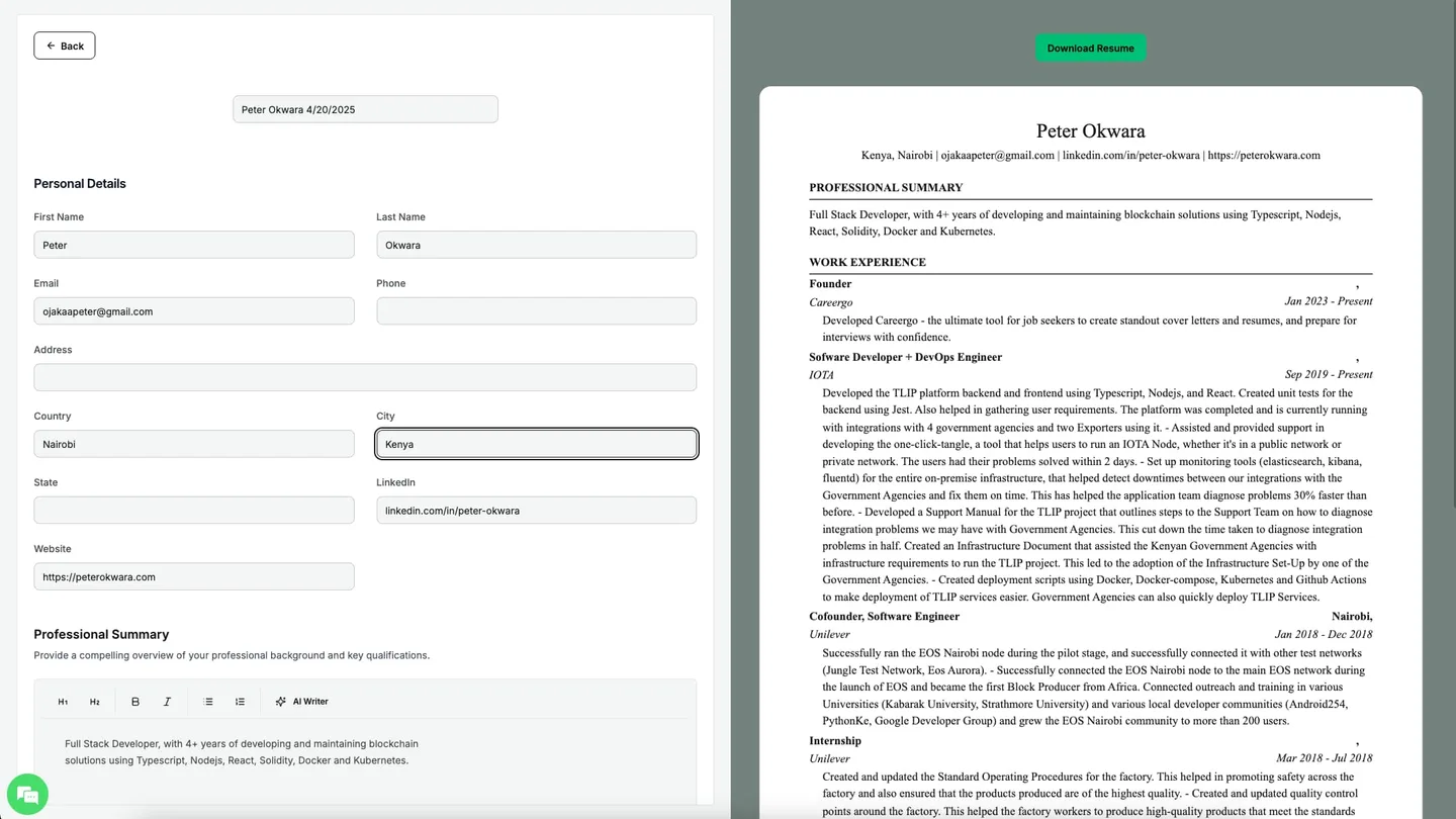 Careergo CV builder and CV preview