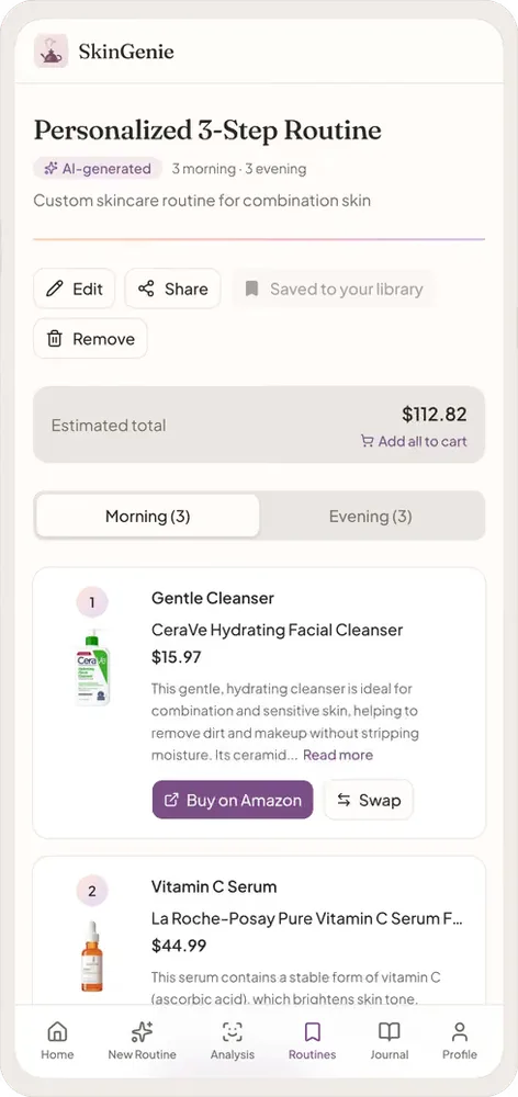 Personalized skincare routine with real product recommendations and prices