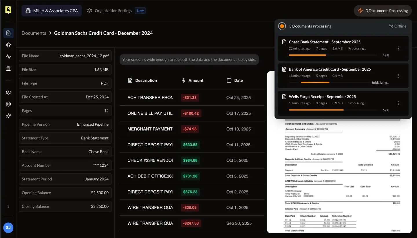 Rocket Statements Dashboard - Convert bank statements to Excel, CSV, and JSON