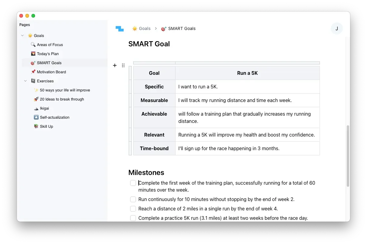 zipgoals journal screenshot of SMART goals