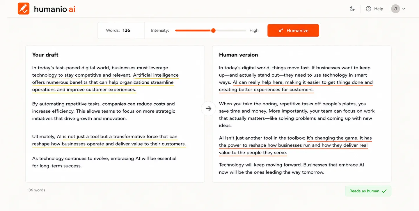 Editor screenshot — draft left, human rewrite right