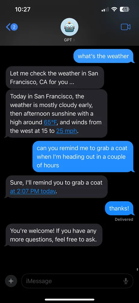 ChatGPT in iMessage usage screenshot