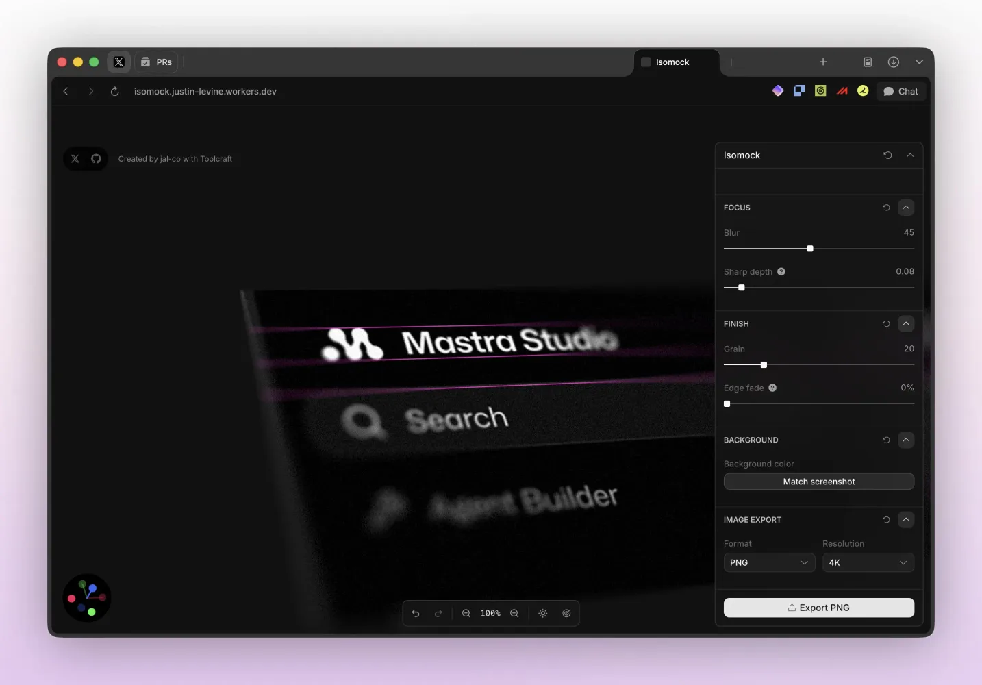 Isomock editor for turning flat screenshots into tilted mockups with depth of field
