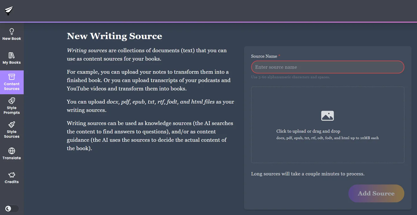 Upload source content interface