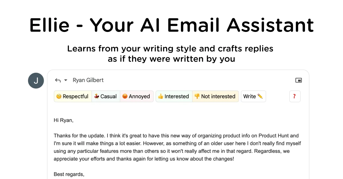 Ellie — Your inbox on autopilot. AI email drafts in Gmail & Outlook