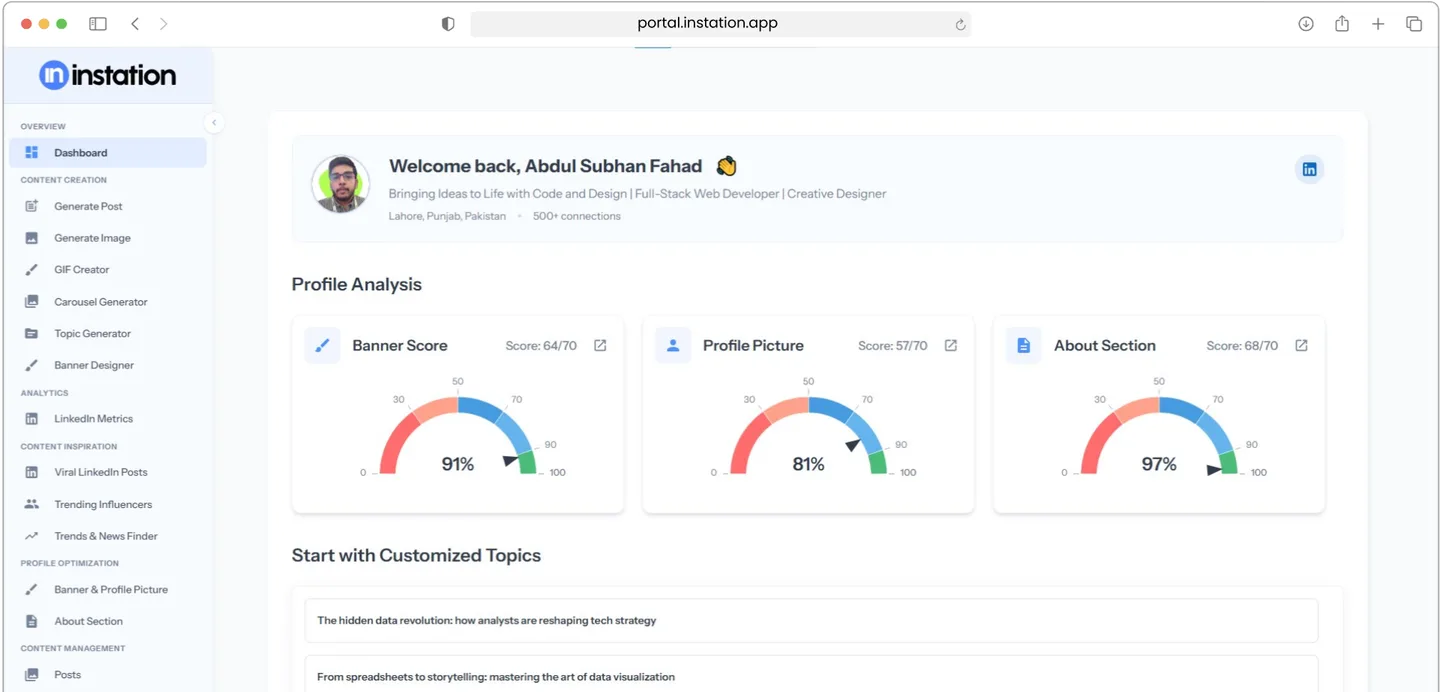Instation Dashboard - App Preview