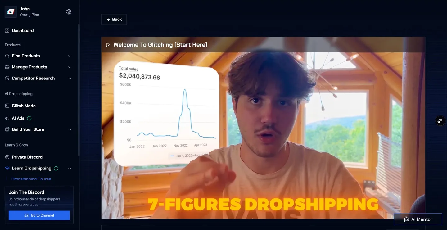 Glitching dropshipping course showing a founder teaching over a Shopify sales dashboard