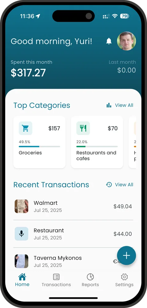 Receiptix app interface showing expense tracking dashboard