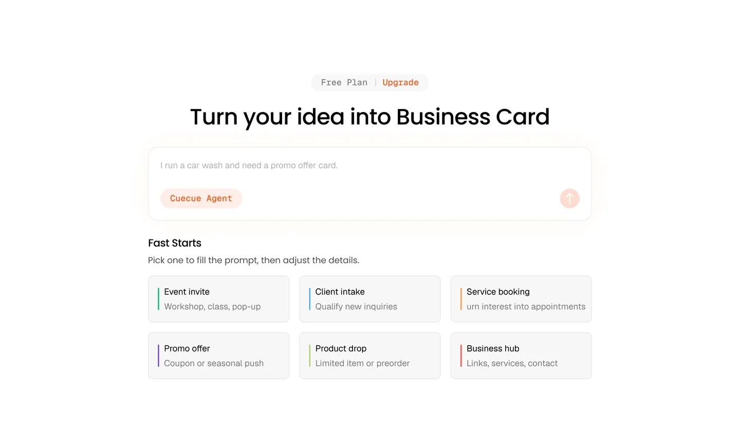 CueCue dashboard for creating a business card