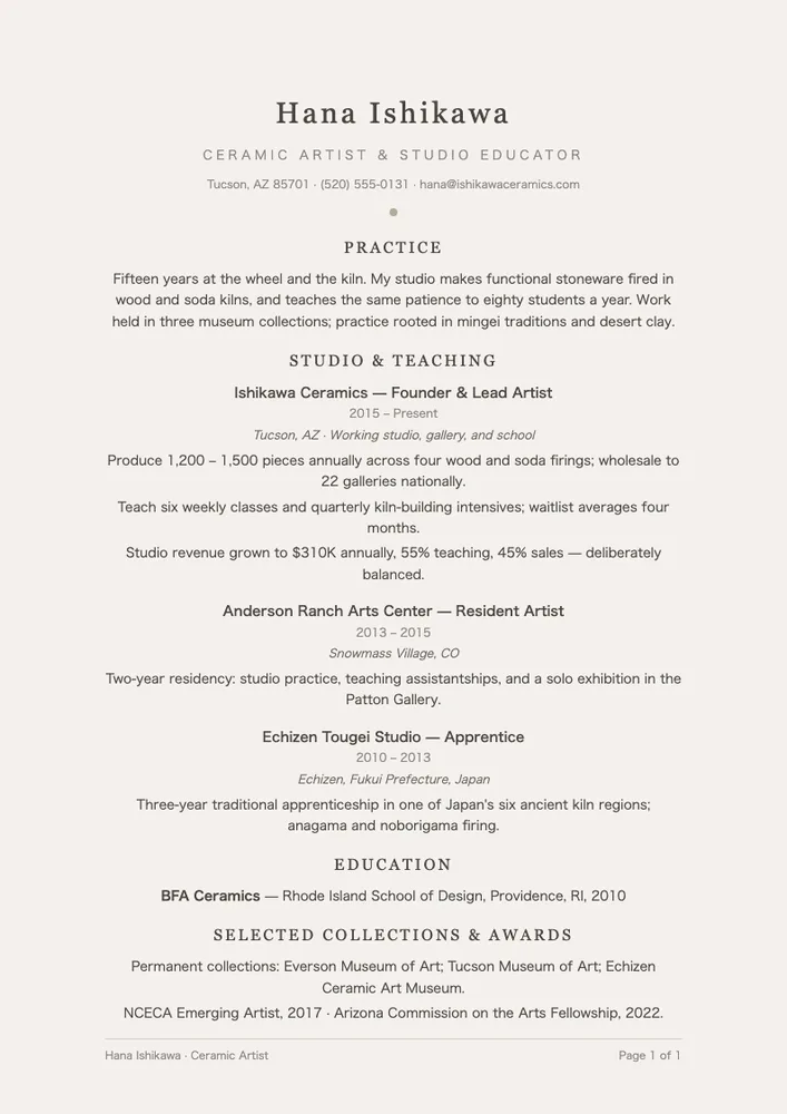 Wabi sabi organic resume - A wabi-sabi Resume template in muted stone tones with centered zen spacing, composed for ceramic artists, craftspeople, and quiet studio educators.