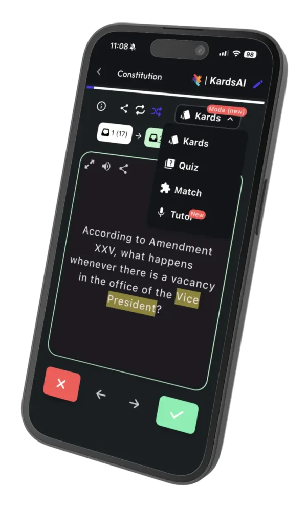 KardsAI app showing flashcards, quizzes, matches and AI Tutor