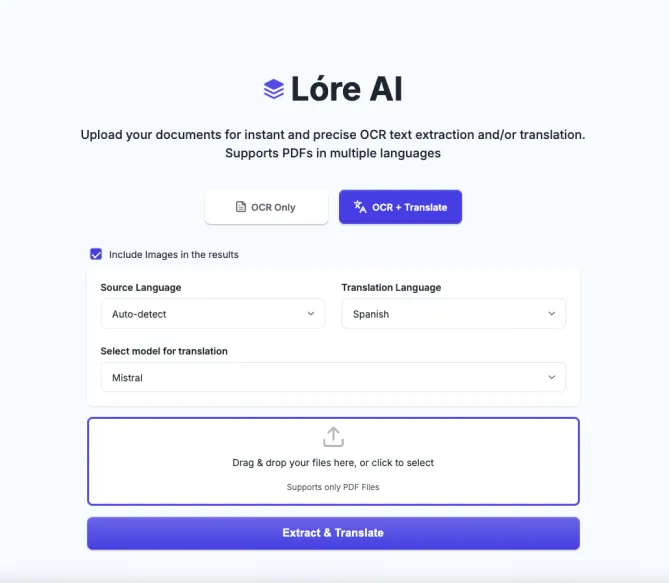 Lore AI dashboard showing PDF to Word conversion