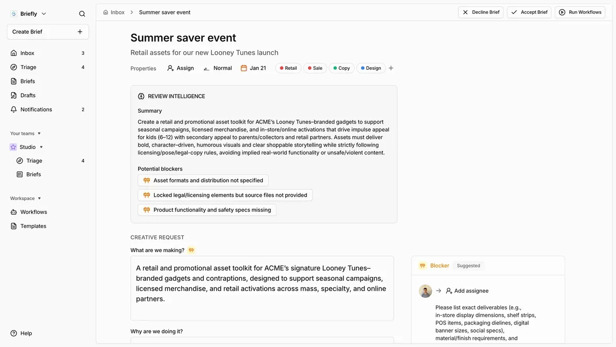 Briefly platform showing the creative operations dashboard