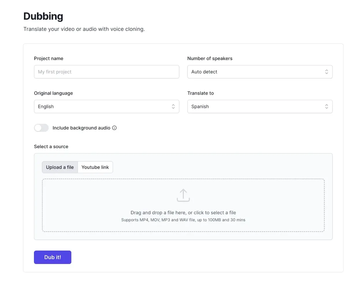 Dub AI project interface showing language and speaker controls