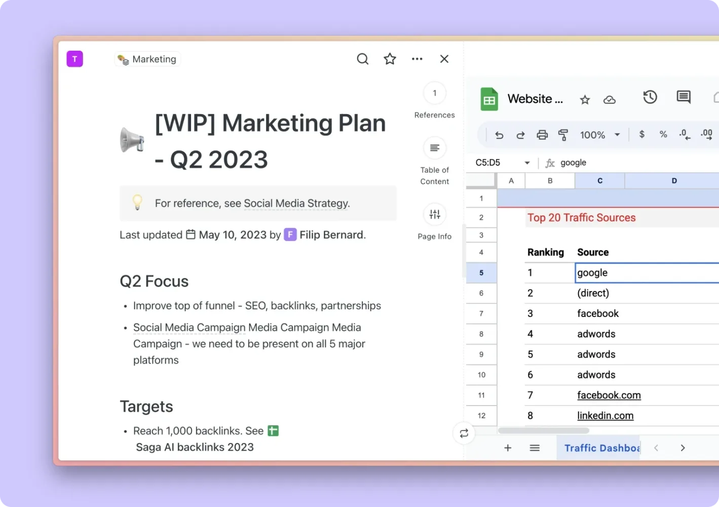 Screenshot of a Marketing plan page in Saga and a Google Sheet opened side by side.