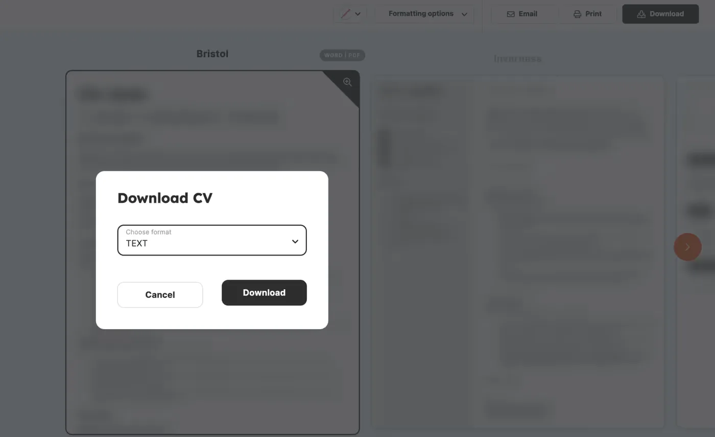 Screenshot of how to download a free version of your CV from CV Genius.